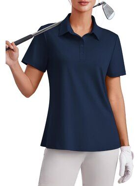 Women's Navy 4 Button Golf Polo UPF50+ Quick Dry Tennis Tops Relaxed Fit